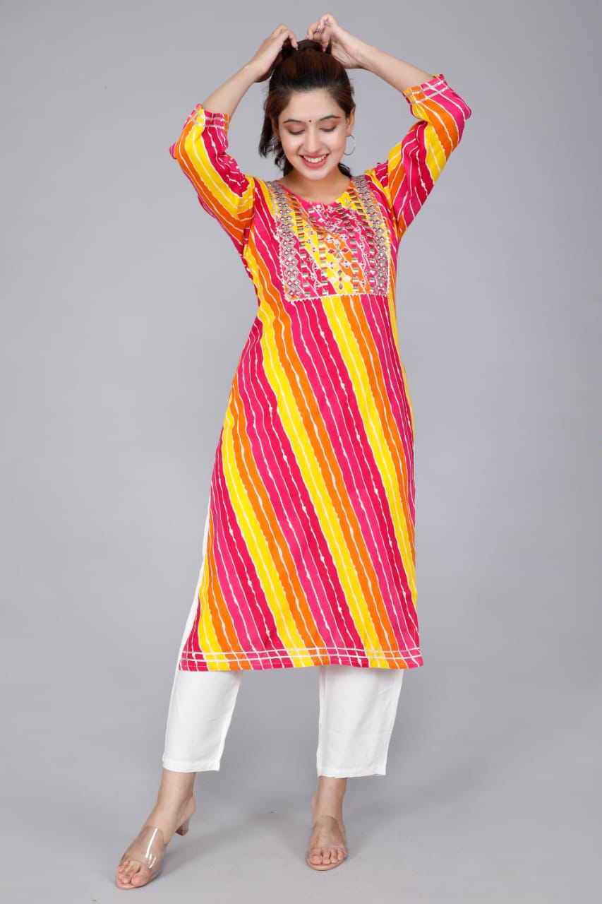 Premium Leheriya multicolored straight kurti with heavy embroidery -1