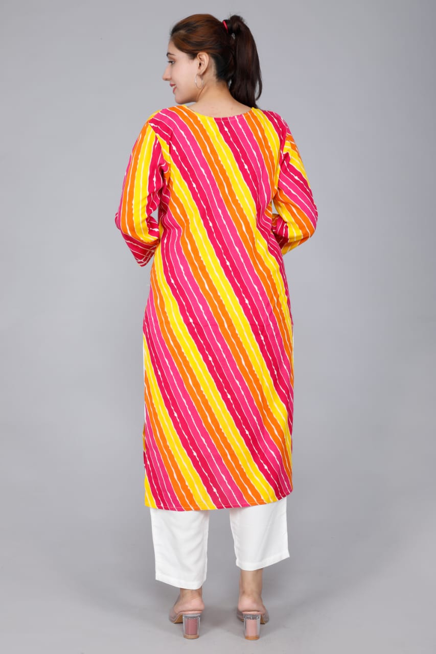 Premium Leheriya multicolored straight kurti with heavy embroidery -2