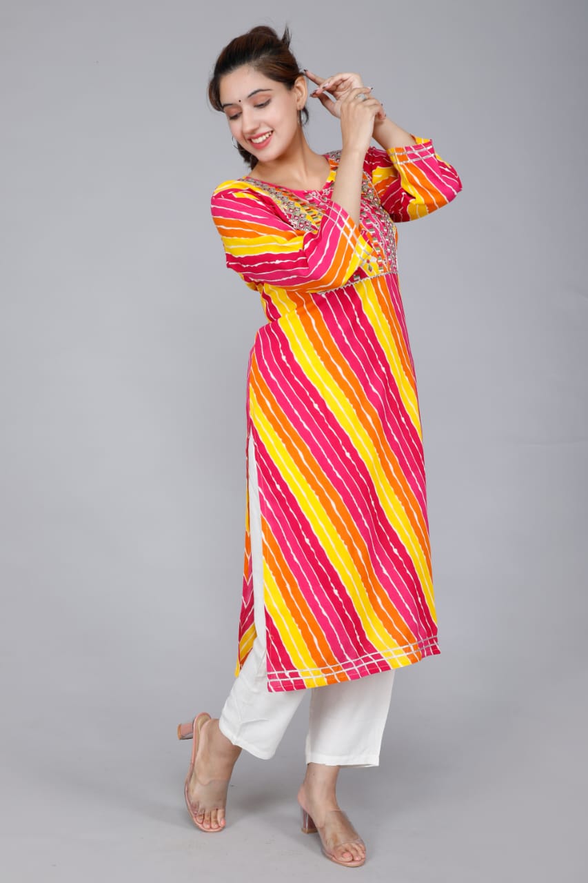 Premium Leheriya multicolored straight kurti with heavy embroidery -3