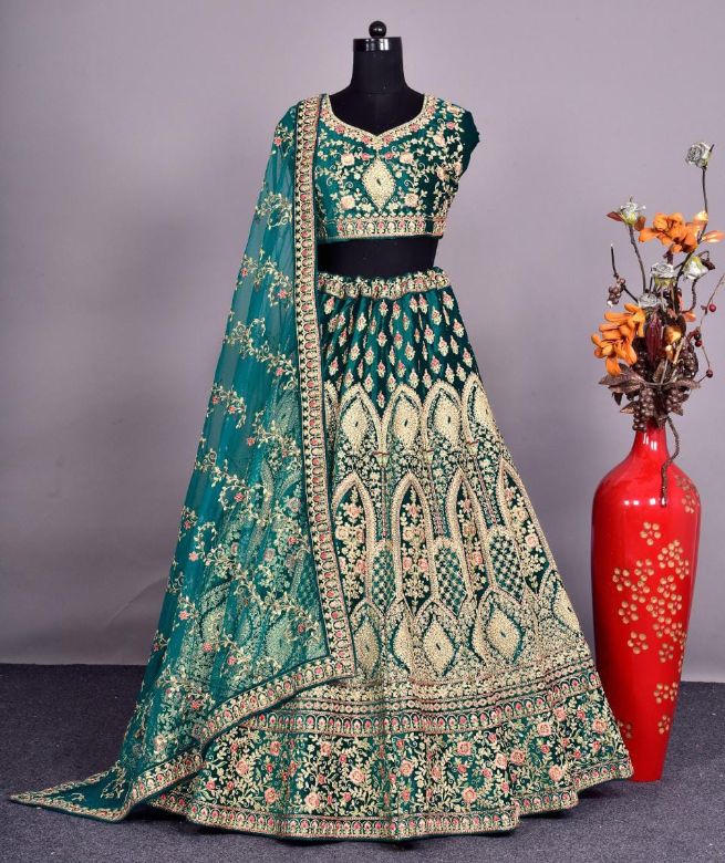 Turquoise Bridal lehenga with beautiful zari jerkan work-1
