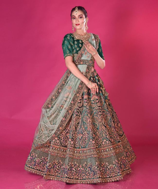 Gorgeous Rama Green Color Lehenga Choli | Ghagra Makeup Look | 3d-mon.com
