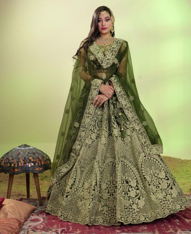 Green color lehenga with heavy border work of zari jerkan and sequence-1