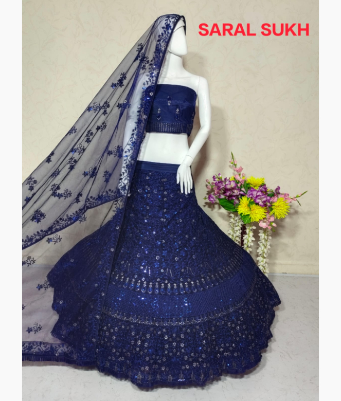 Net lehenga in blue color with unique flower based embroidery-1