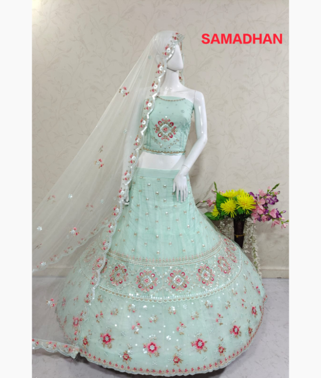 Sky blue lehenga with unique multicolor resham embroidery in heavy flair-1