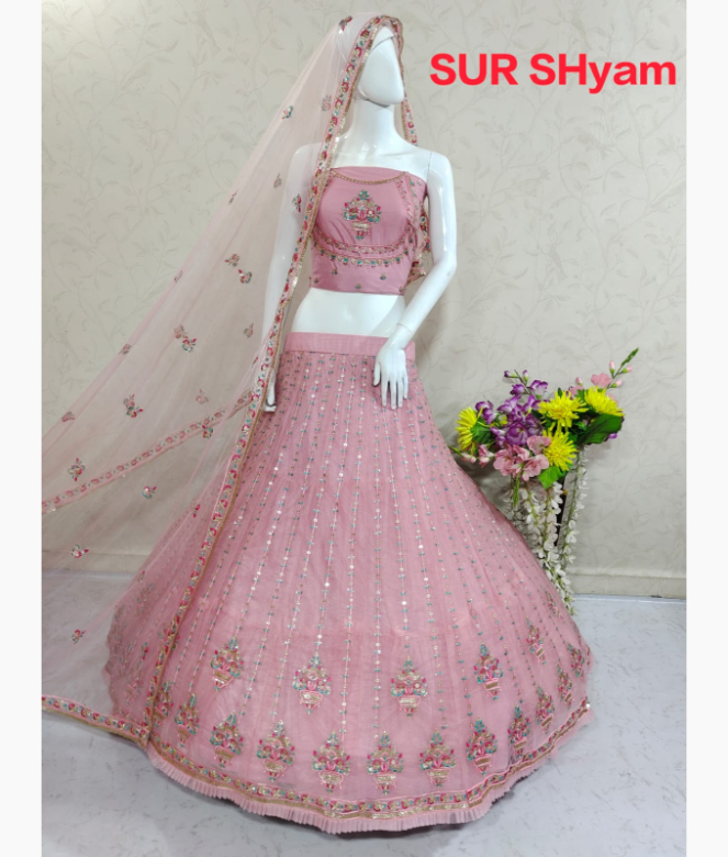 Pink lehenga in net fabric with resham embroidery and heavy dupatta-1