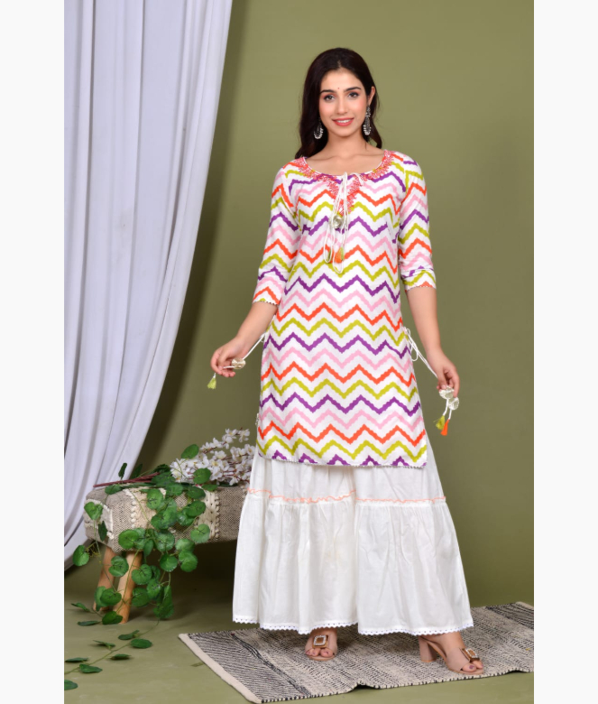 Embroidery cotton printed kurti with tassel and cotton sharara-1