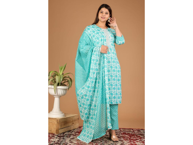 Cotton fabric printed kurti with cotton pants and printed dupatta-thumbnail