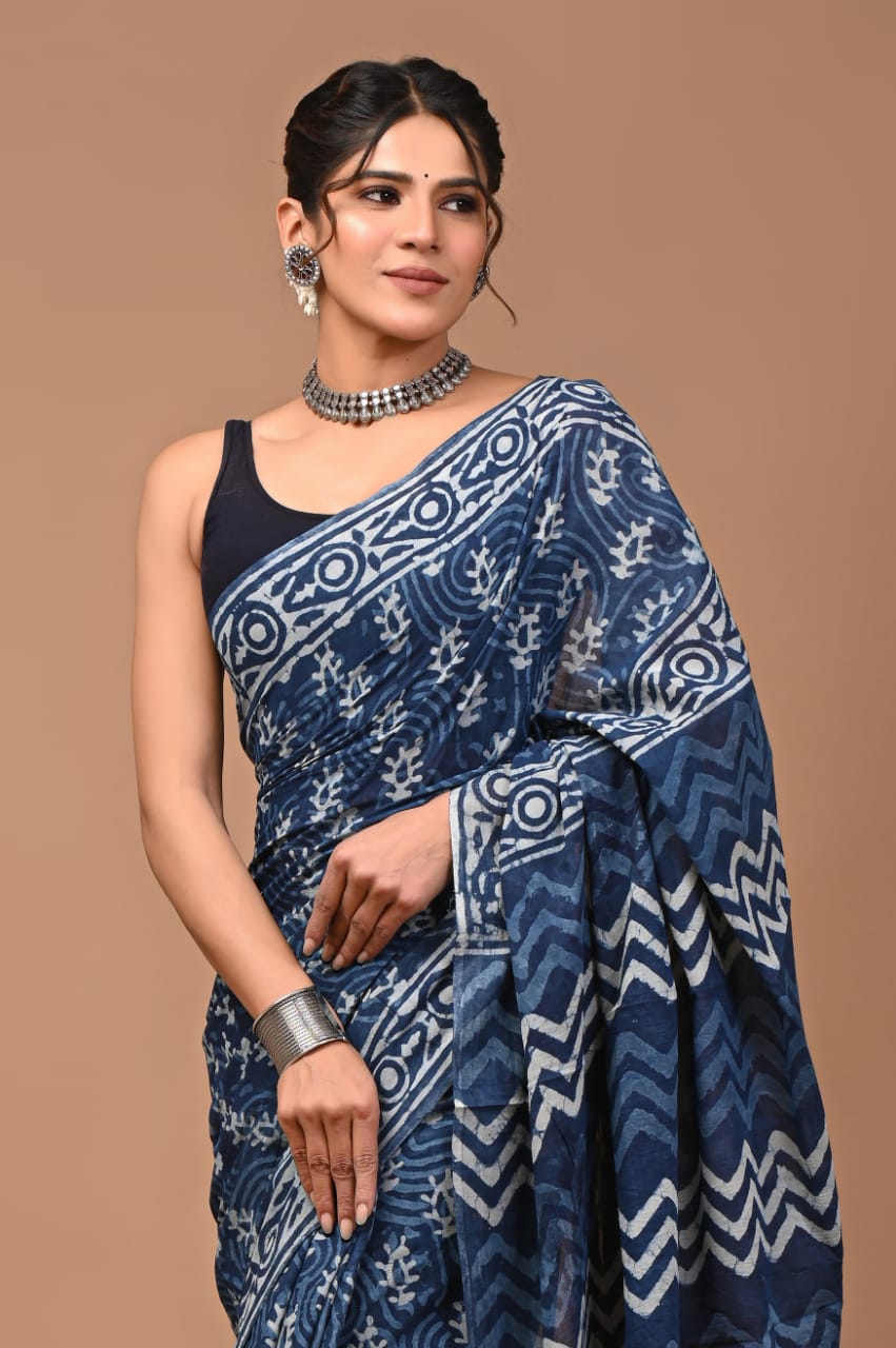 Hand block printed cotton sari-1