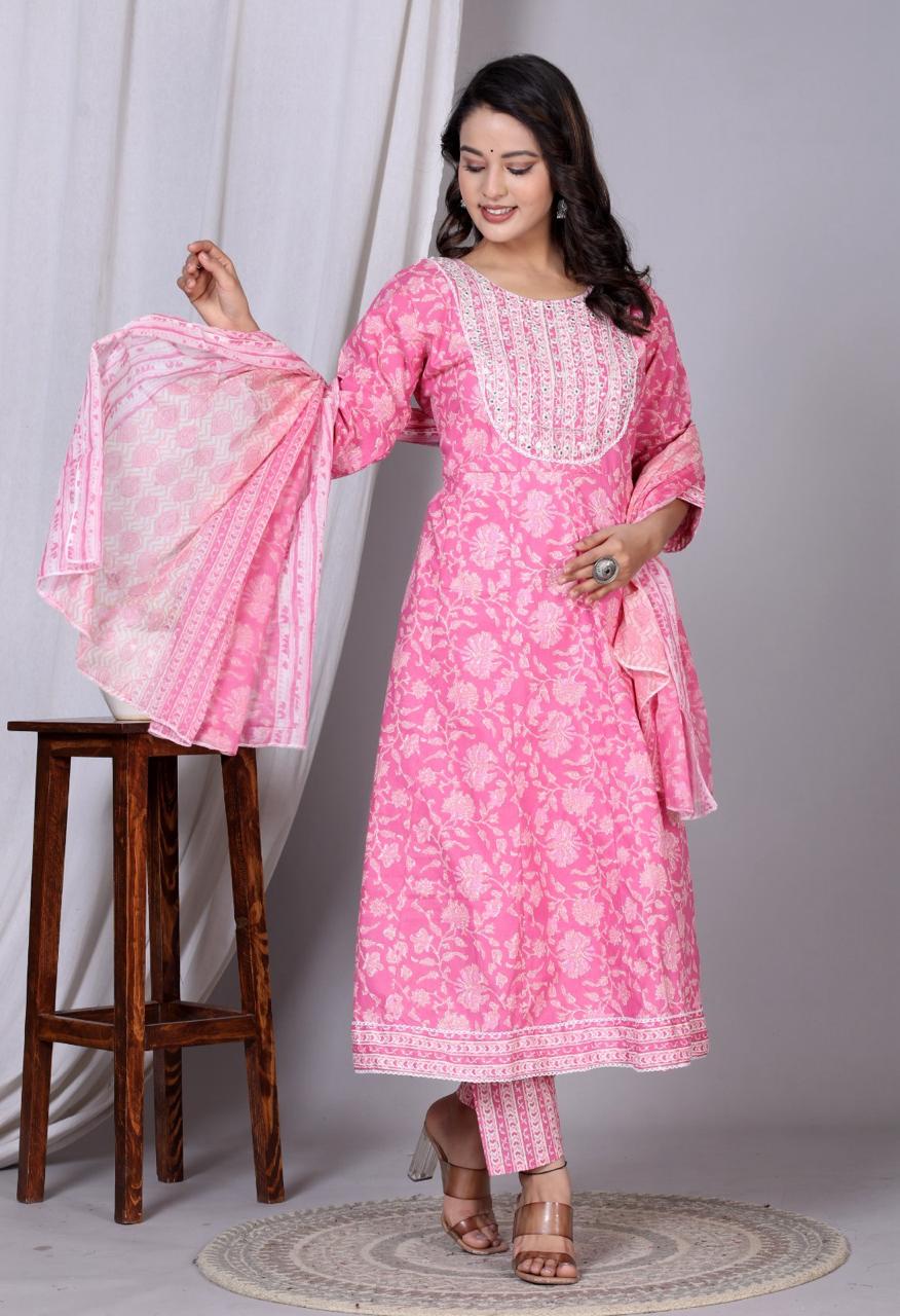 Cotton Printed Embroidery Anarkali Suit Set-2
