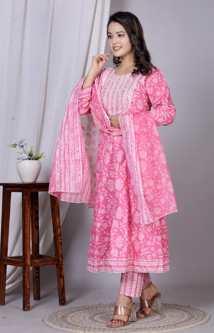 Cotton Printed Embroidery Anarkali Suit Set-3