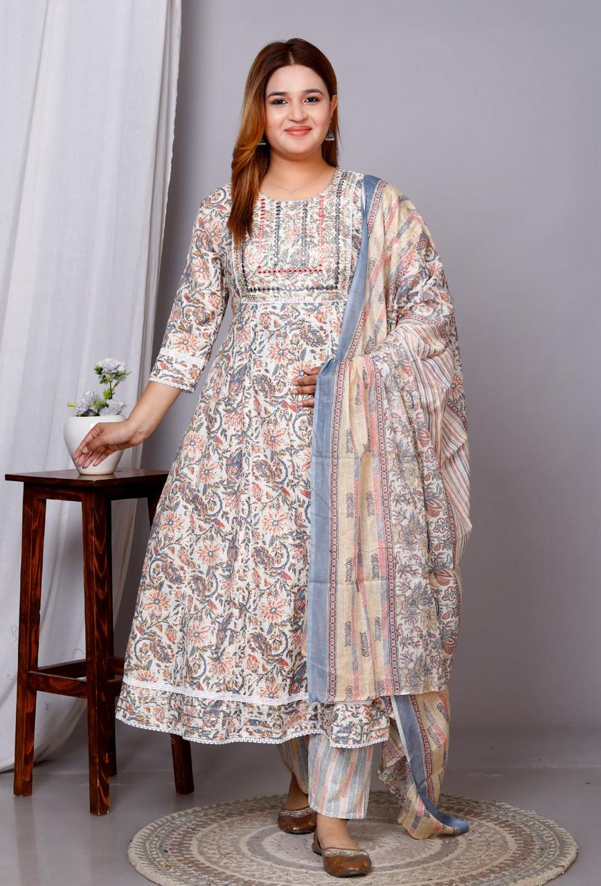 Cotton Printed Embroidery Anarkali Suit Set-1